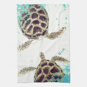 Sea Turtle Love Monogram Personalised Tea Towel