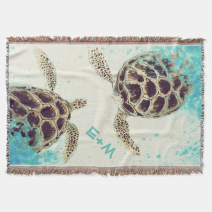 Sea Turtle Love Monogram Personalised Throw Blanket