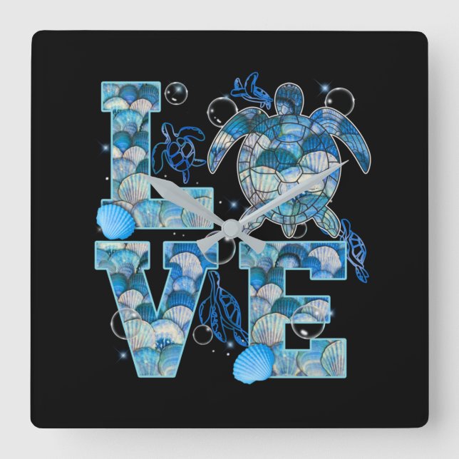 Sea Turtle Love Shirt Ocean Beach Animal Lovers Square Wall Clock (Front)