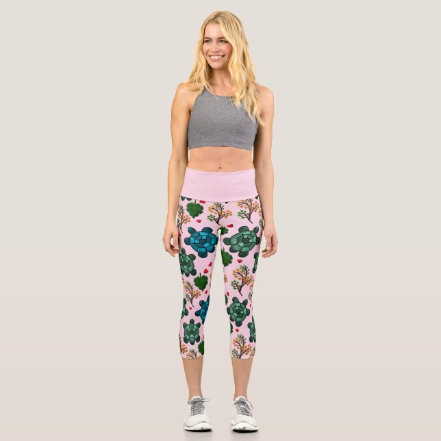 Sea Turtle Lover Gift, Cute Turtle Pattern, Marine Capri Leggings (Front)