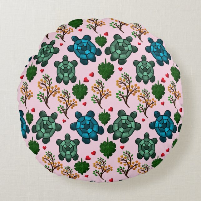 Sea Turtle Lover Gift, Cute Turtle Pattern, Marine Round Cushion (Front)