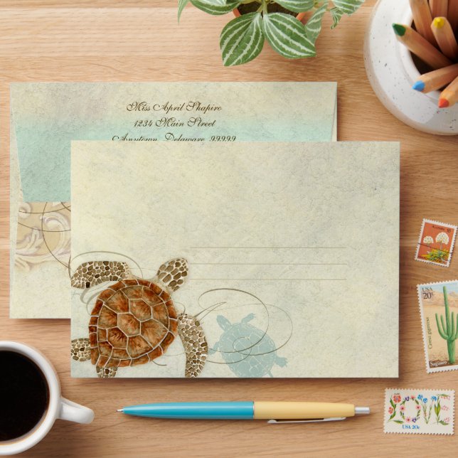 Sea Turtle Modern Coastal Ocean Beach Seashore Envelope (Desk)