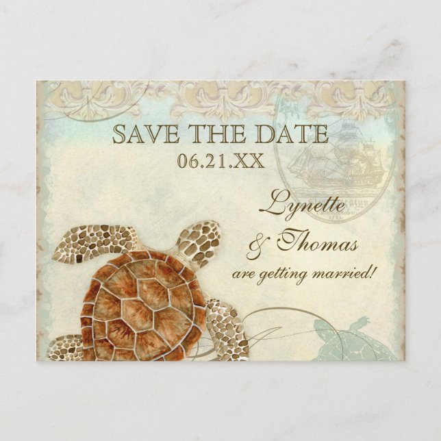 Sea Turtle Modern Coastal Ocean Beach Swirls Style Announcement Postcard (Front)