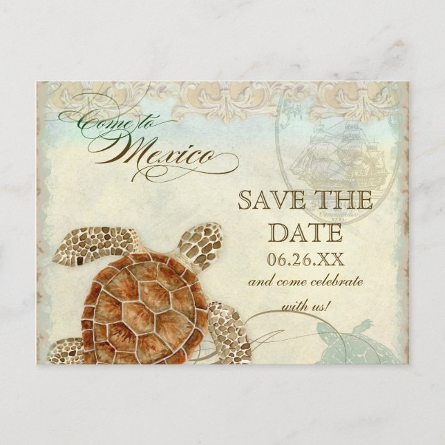 Sea Turtle Modern Coastal Ocean Beach Swirls Style Announcement Postcard (Front)