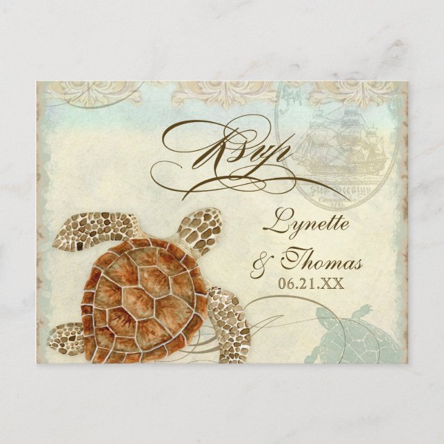 Sea Turtle Modern Coastal Ocean Beach Swirls Style Invitation Postcard (Front)