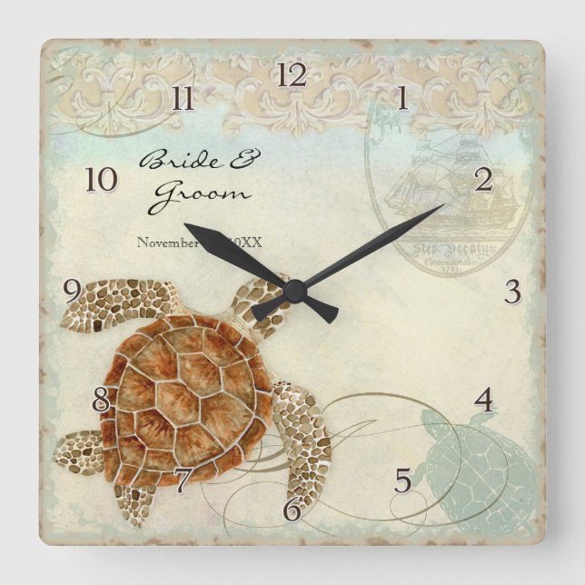 Sea Turtle Modern Coastal Ocean Beach Swirls Style Square Wall Clock (Front)