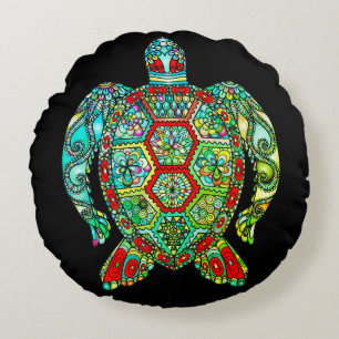 Sea turtle mosaic reversable black red green round cushion