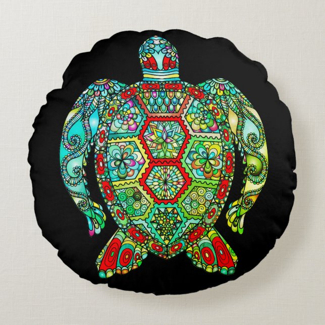 Sea turtle mosaic reversable black red green round cushion (Front)