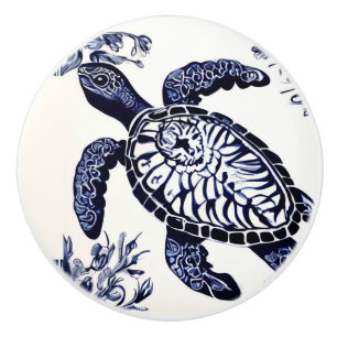 Sea Turtle Navy Blue and White Ocean Left Facing Ceramic Knob
