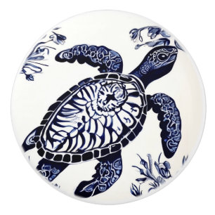 Sea Turtle Navy Blue and White Ocean Right Facing Ceramic Knob