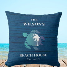 Sea Turtle Navy Blue Wood Family Name Beach House 