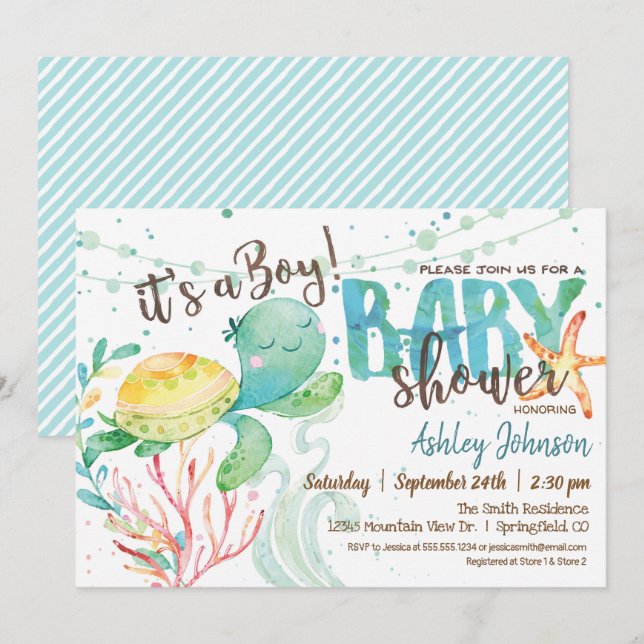 Sea Turtle, Ocean Baby Shower invitation, Boy Invitation (Front/Back)