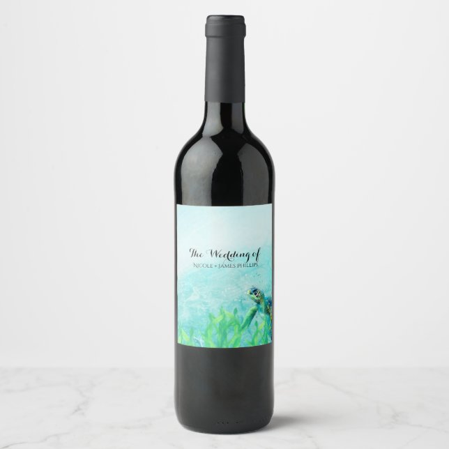 Sea Turtle Ocean Beach Art Custom Wedding Wine Wine Label (Front)