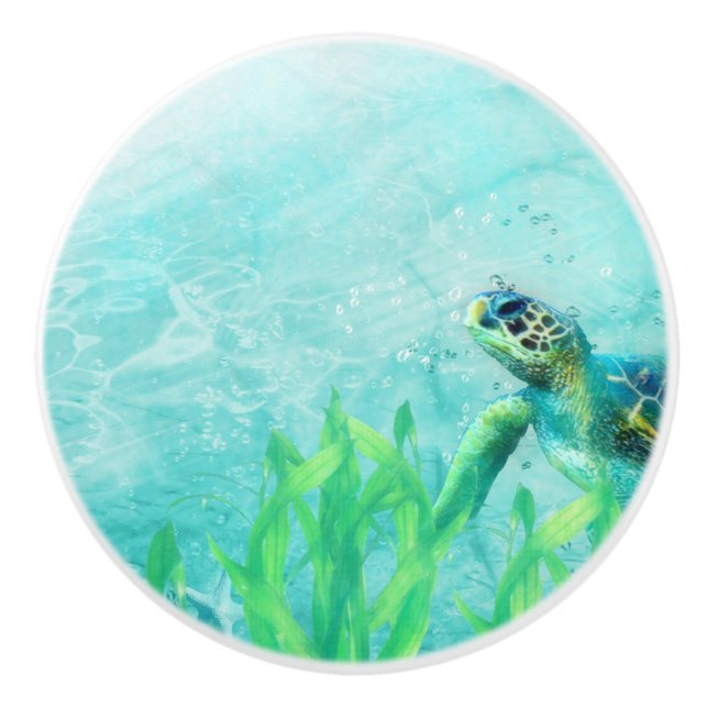 Sea Turtle Ocean Beach Art Elegant Tropical Decor Ceramic Knob (Front)