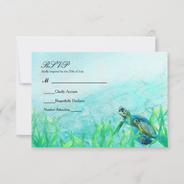 Sea Turtle Ocean Beach Art Elegant Wedding RSVP Card (Front)