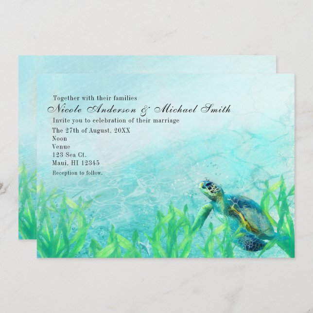 Sea Turtle Ocean Beach Art Wedding Invitations (Front/Back)