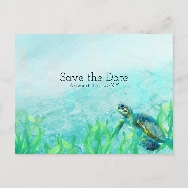 Sea Turtle Ocean Beach Art Wedding Save the Date Announcement Postcard (Front)