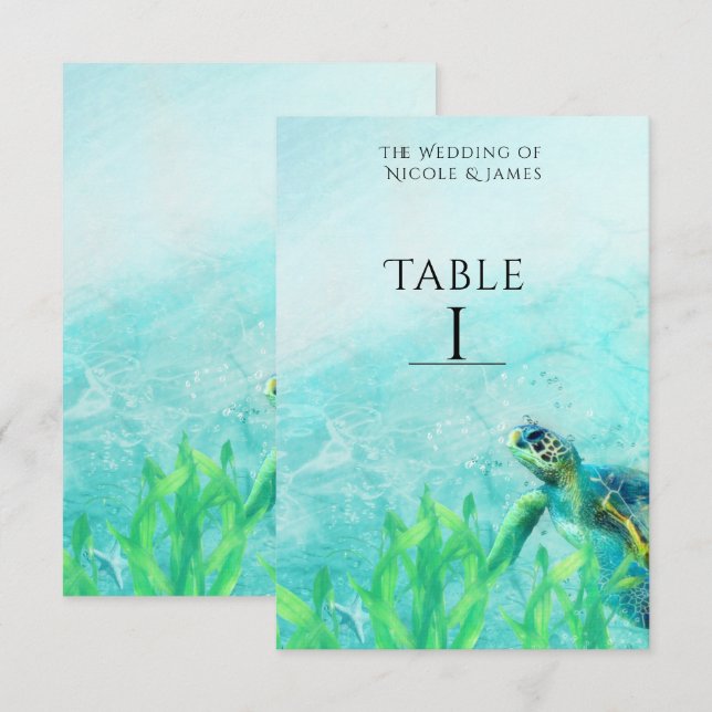 Sea Turtle Ocean Beach Art Wedding Table Number (Front/Back)