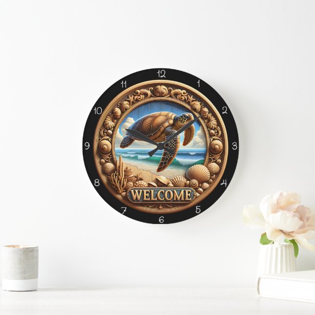 Sea Turtle Ocean Carved Welcome Clock (Home)