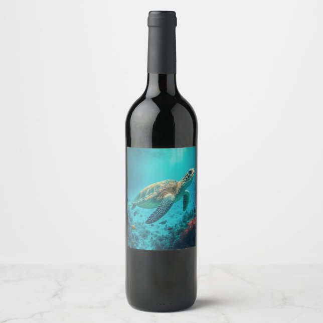 Sea Turtle Ocean Marine Life Beach Nature Animals Wine Label (Front)