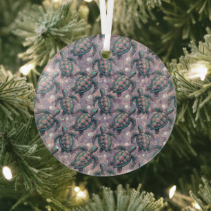 Sea Turtle Ocean Pattern Glass Tree Decoration