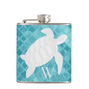 Sea Turtle on Aqua Sea Glass Monogram Hip Flask