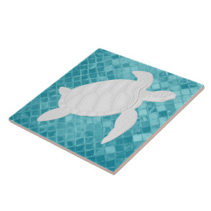 Sea Turtle on Aqua Sea Glass Pattern Ceramic Tile