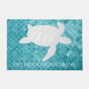 Sea Turtle on Aqua Sea Glass Personalise Doormat