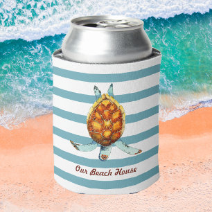 Sea Turtle Our Beach House on Dark Aqua Stripes Can Cooler