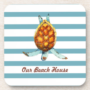Sea Turtle Our Beach House on Dark Aqua Stripes Coaster