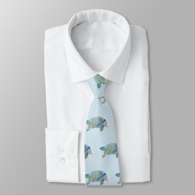 Sea Turtle Painting Coastal Beach Pattern Tie (Tied)