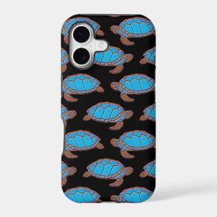 Sea Turtle Pattern Bright Blue on Black