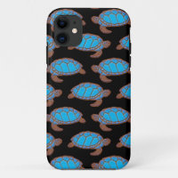 Sea Turtle Pattern Bright Blue on Black