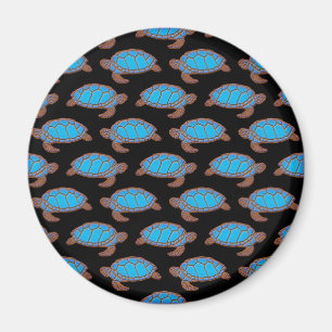 Sea Turtle Pattern Bright Blue on Black Magnet