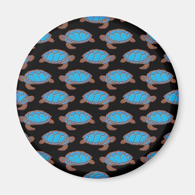 Sea Turtle Pattern Bright Blue on Black Magnet (Front)