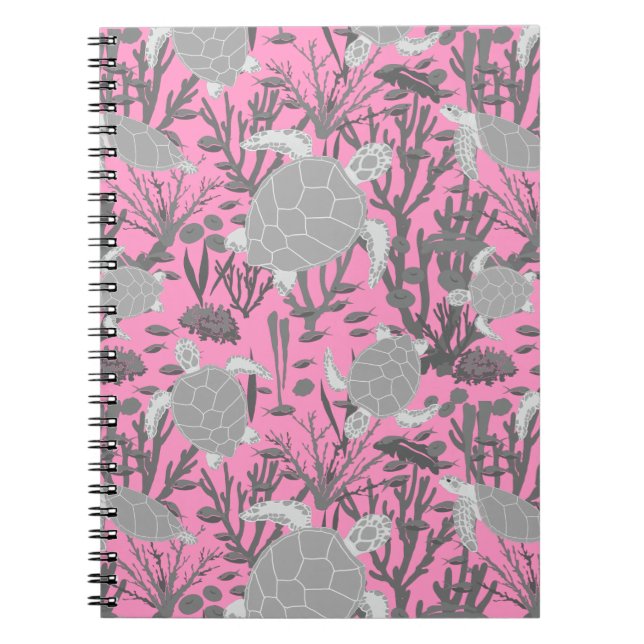 Sea Turtle Pink and Grey Modern Sea Life Pattern Notebook (Front)