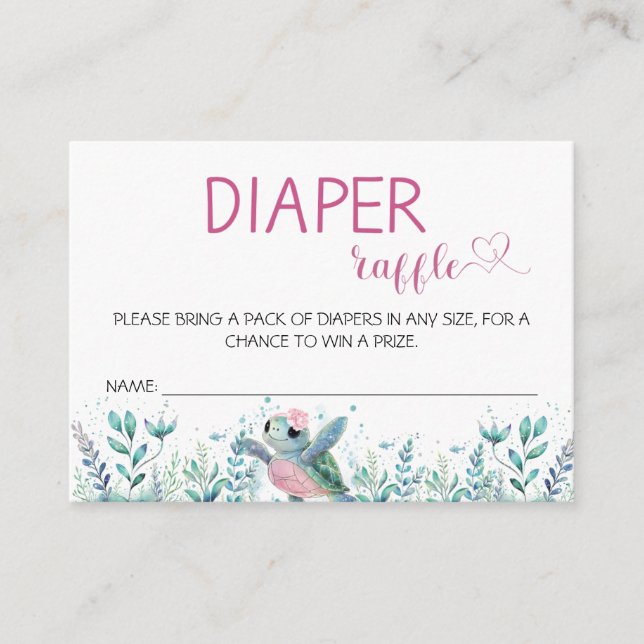 Sea Turtle Pink Diaper Raffle Baby Shower Enclosure Card (Front)