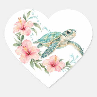 Sea Turtle & Pink Hibiscus Heart Sticker