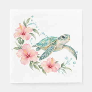 Sea Turtle & Pink Hibiscus Tropical Napkins