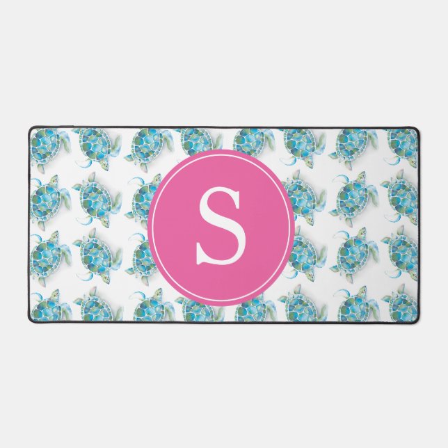 Sea Turtle Pink Monogram Dorm Decor Desk Mat (Front)
