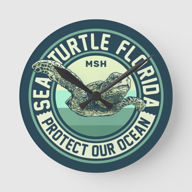 Sea Turtle Protection Custom Monogram Round Clock (Front)