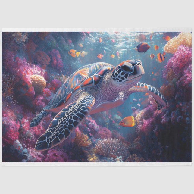 Sea Turtle Purple Coral Reef Decoupage Tissue Paper (Front)