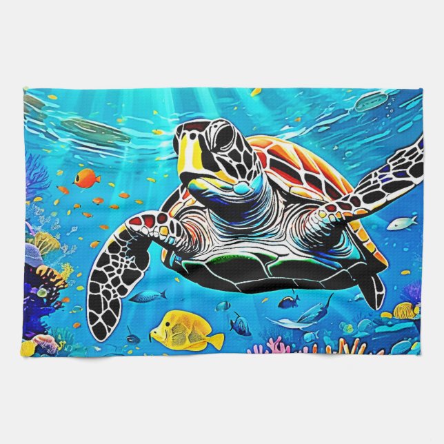 Sea Turtle Reef Life  Tea Towel (Horizontal)