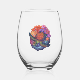 Sea Turtle Reef Stemless Wine Glass