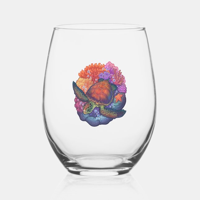Sea Turtle Reef Stemless Wine Glass (Front)