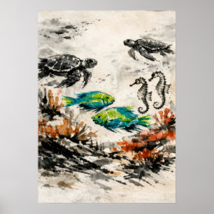 Sea Turtle Reef Watercolor Marine Life Art Poster