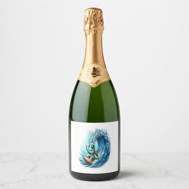 Sea Turtle Rides Emotion Wave. Sparkling Wine Label (Front)