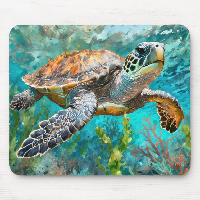 Sea Turtle Seaweed and Coral Painting Mouse Pad (Front)