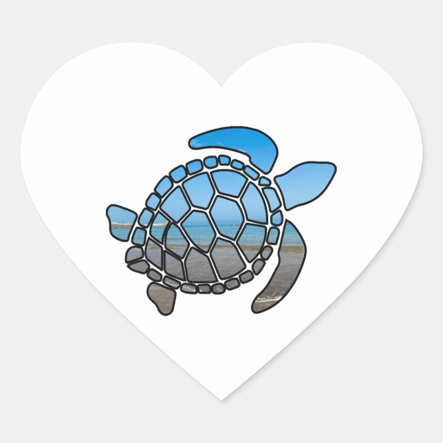 Sea turtle silhouette on summer blue beach waves heart sticker (Front)