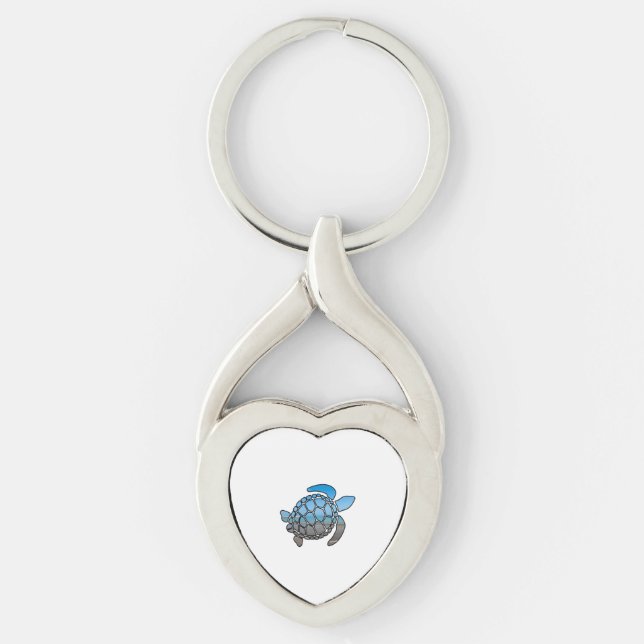 Sea turtle silhouette on summer blue beach waves key ring (Front)
